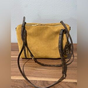 Suede Crossbody Bag with Monogram-Style Brown Trim